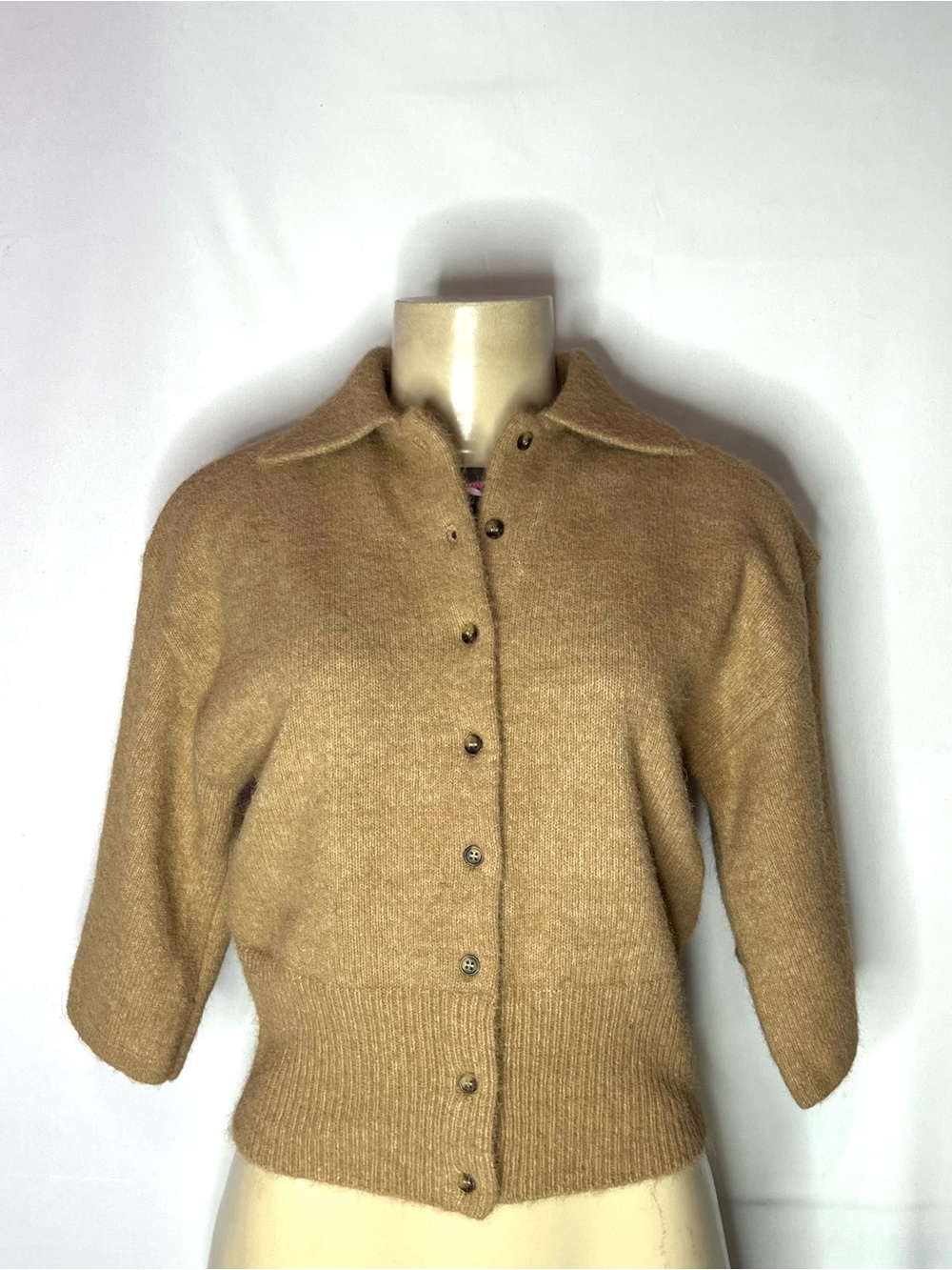 H&M Women's Camel Button-Up Short Sleeve Cropped Sweater